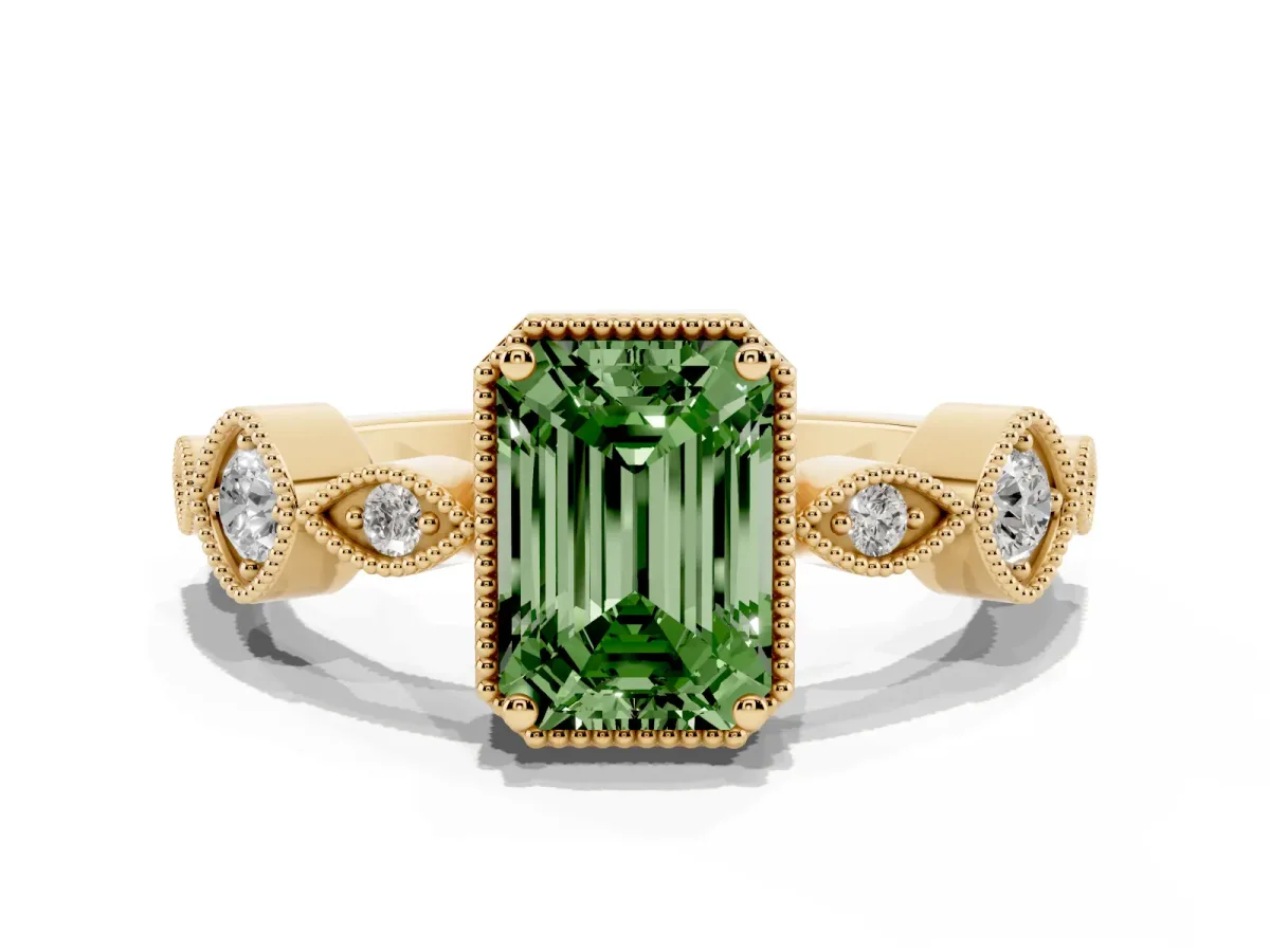 Fancy Green Emerald Cut Diamond Vintage Milgrain Ring with Round Stations Yellow gold
