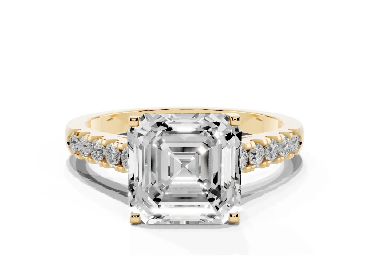 Asscher Cut Diamond Pavé Band Solitaire Ring with Prong Setting Yellow gold