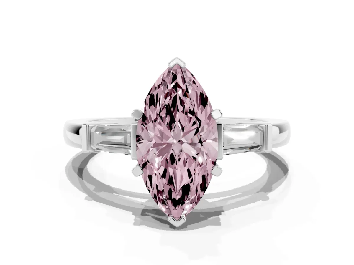 Fancy Pink Marquise Cut Cut Diamond Solitaire Ring with Tapered Baguette Accents and Four-Prong Setting Platinum