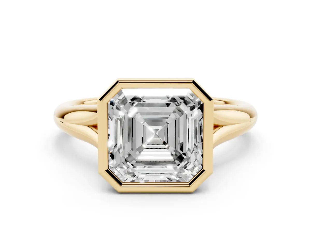 Bezel Set Asscher Cut Solitaire Diamond Ring with Smooth Band Yellow gold
