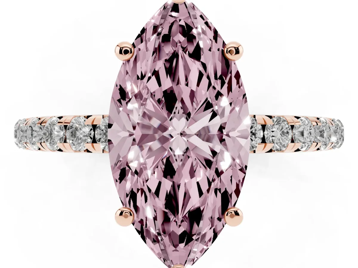 Fancy Pink Marquise Cut Cut Diamond Solitaire Ring with Micro Pave Band and Four Prong Setting Rose gold