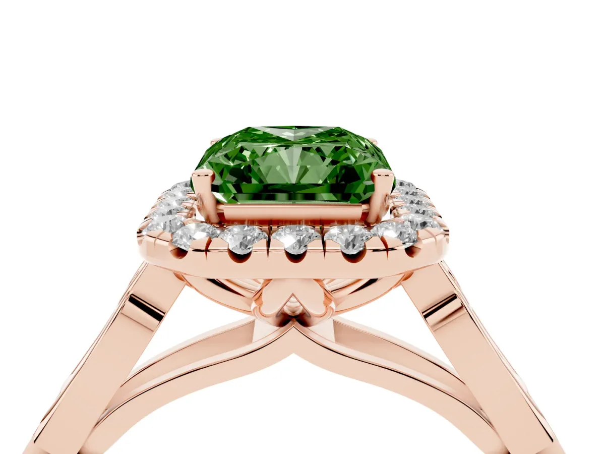Fancy Green Radiant Cut Halo Diamond Engagement Ring with Filigree Band and Four-Prong Setting Rose gold