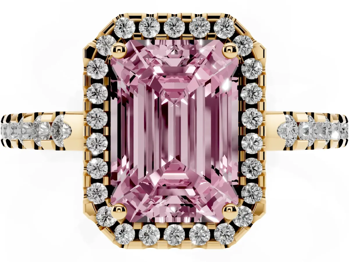 Fancy Pink Emerald Cut Diamond Halo Engagement Ring with Pavé Band and Prong Setting Yellow gold