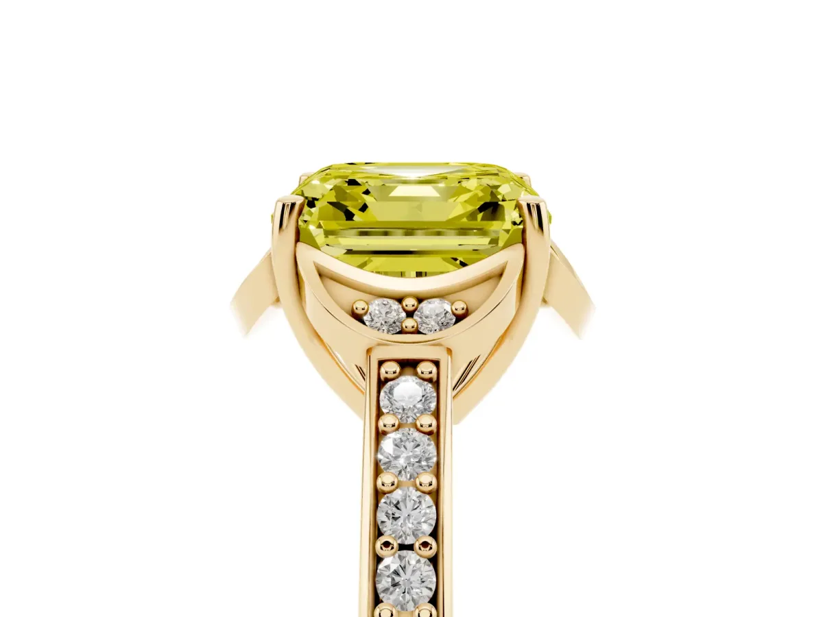 Fancy Yellow Asscher Cut Cut Halo Diamond Ring with Channel Set Band and Four-Prong Setting Yellow gold