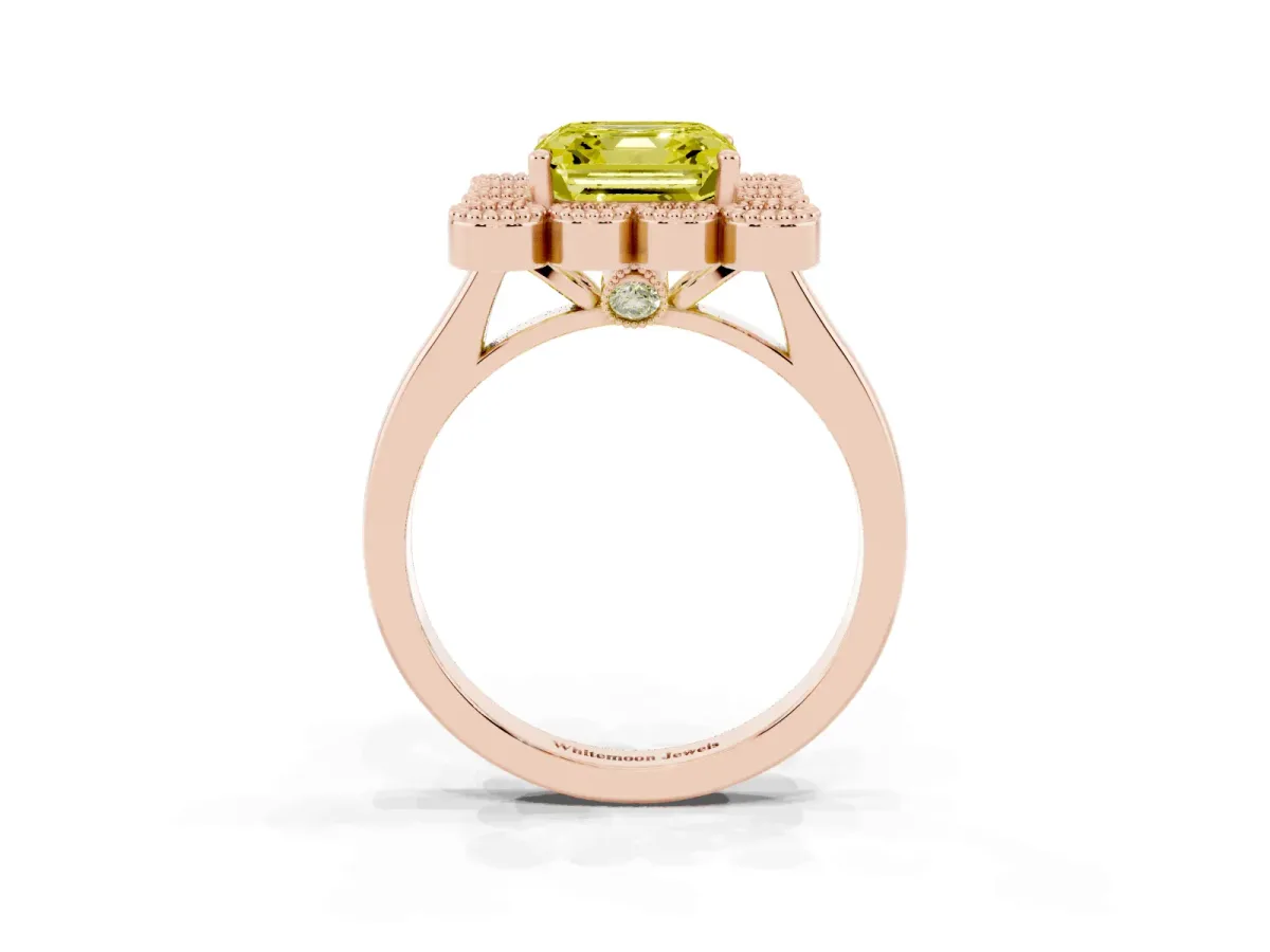 Fancy Yellow Asscher Cut Halo Diamond Cluster Engagement Ring with Milgrain Bezel Setting and Solitaire Band Rose gold