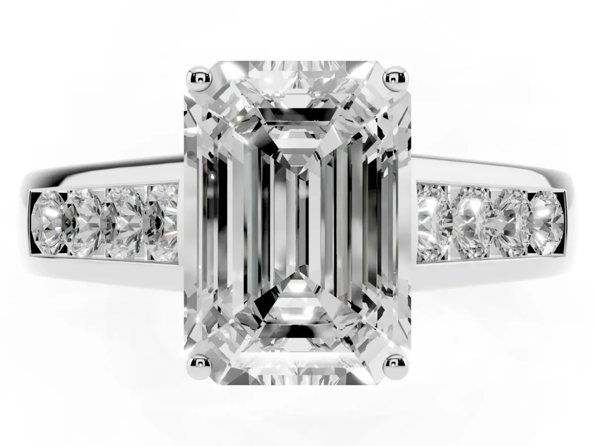 Emerald Cut Brilliant Channel-Set Solitaire Ring with Four-Prong Setting Platinum
