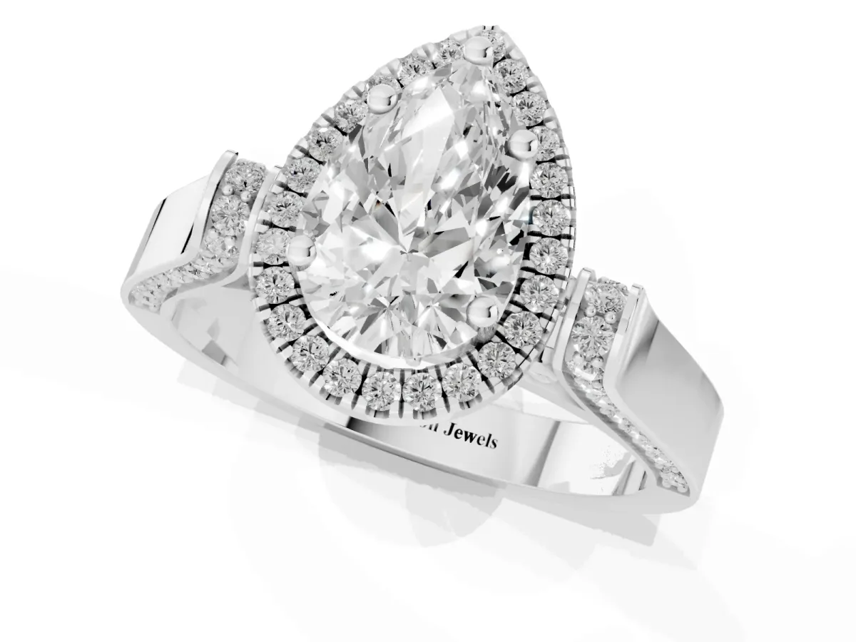 Pear Cut Halo Pave Split Shank Prong Setting Ring Silver