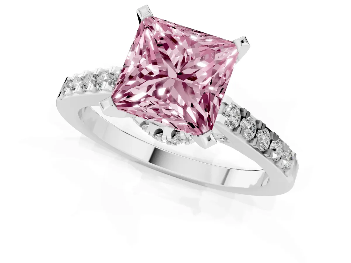 Fancy Pink Princess Cut Diamond Solitaire Ring with Crossover Gallery and Round Pavé Band Silver
