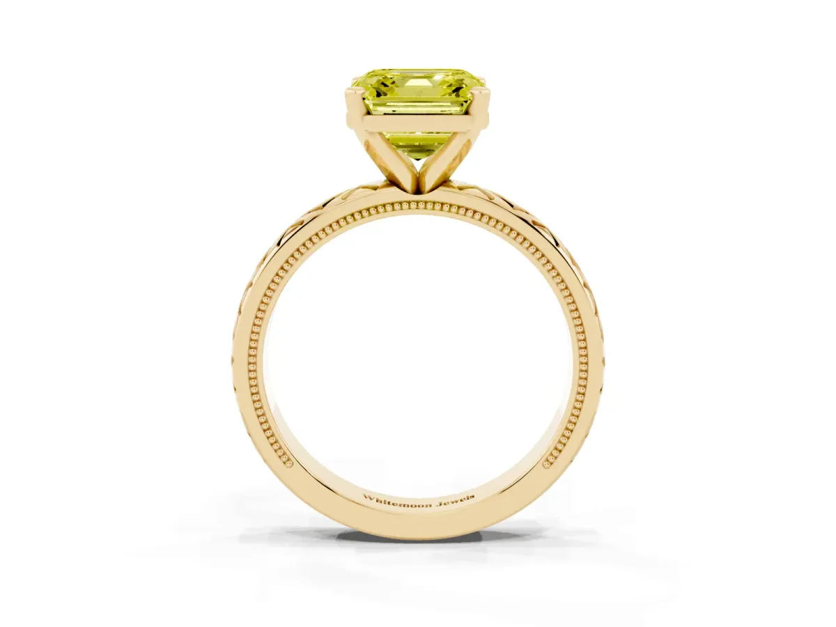 Fancy Yellow Asscher Cut Solitaire Diamond Ring with Milgrain and Black Enamel X Pattern Band Yellow gold