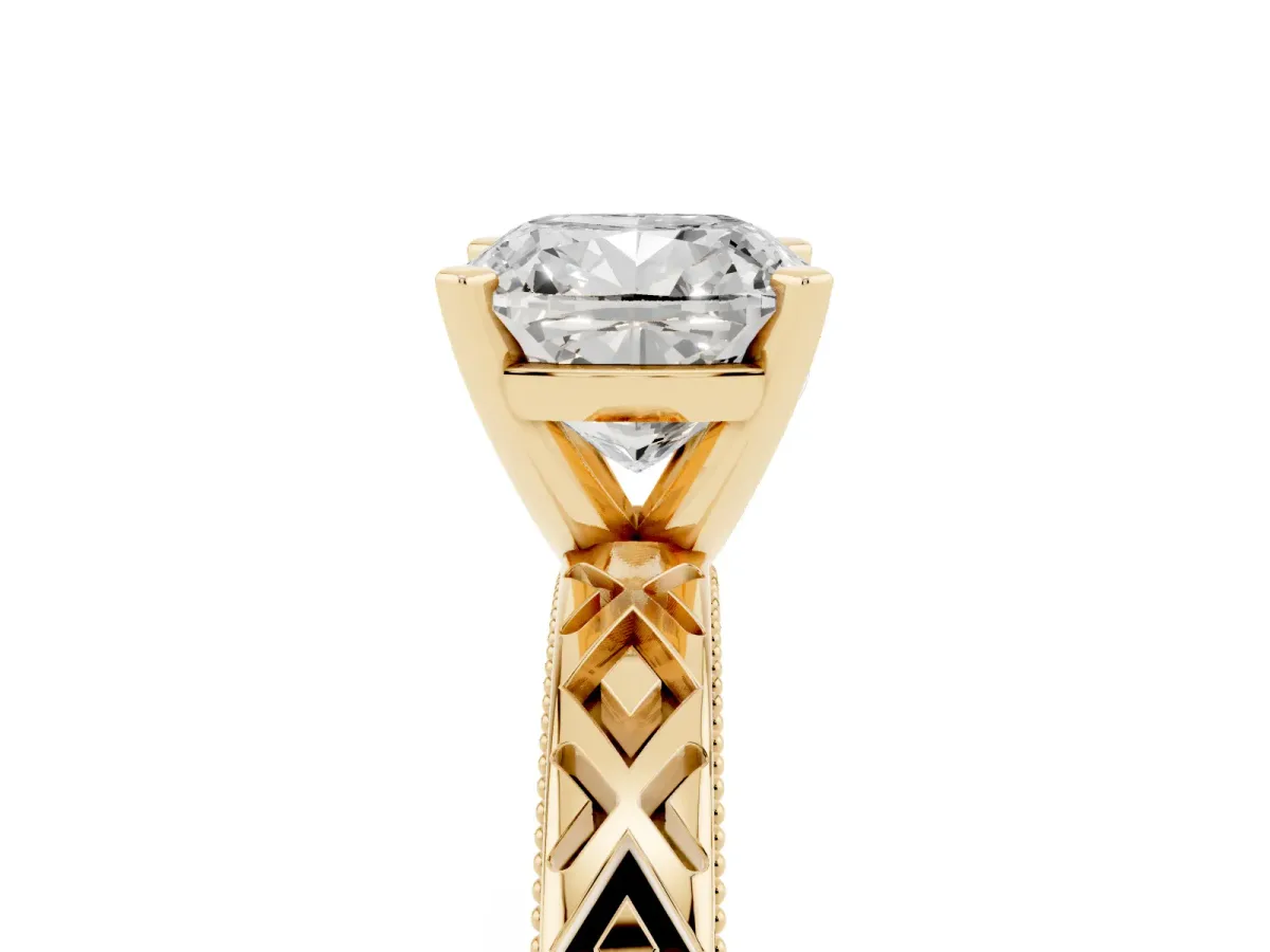 Cushion Cut Solitaire Diamond Ring with Milgrain and Black Enamel X Pattern Band Yellow gold