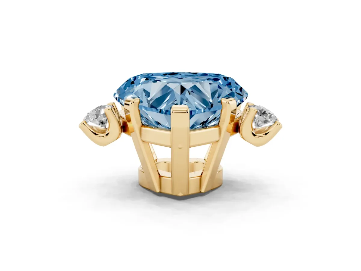 Fancy Blue Heart Cut Cut Three-Stone Solitaire Ring with Round Accent Diamonds and Four-Prong Setting Yellow gold