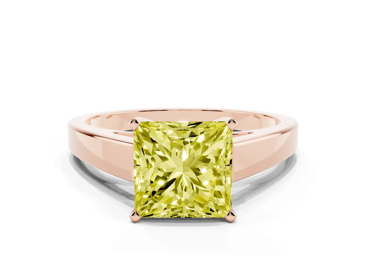 Fancy Yellow Princess Cut Solitaire Engagement Ring with Four-Prong Setting and Tapered Band Rose gold