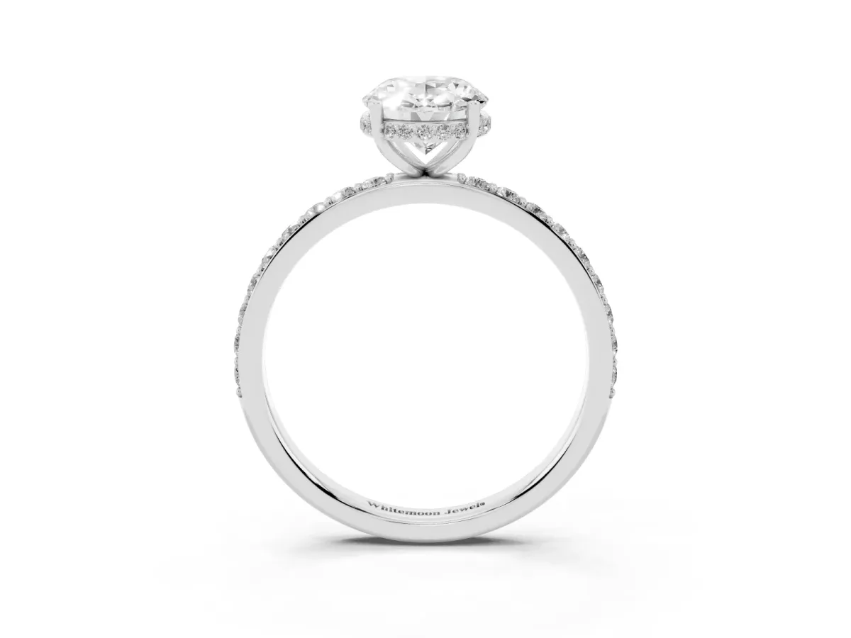 Oval Cut Diamond Solitaire Ring with Pavé Band and Hidden Halo Silver