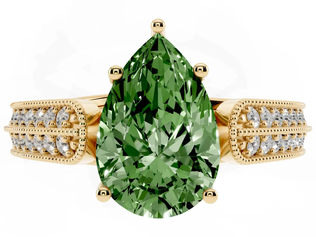 Fancy Green Pear Cut Cut Pave Split Shank Engagement Ring with Four-Prong Setting Yellow gold