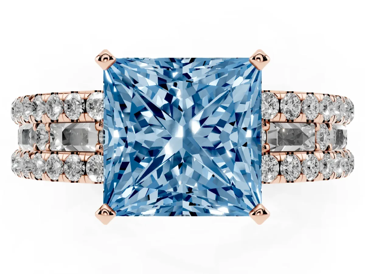 Fancy Blue Princess Cut Diamond Solitaire Ring with Pavé and Channel Set Band Rose gold