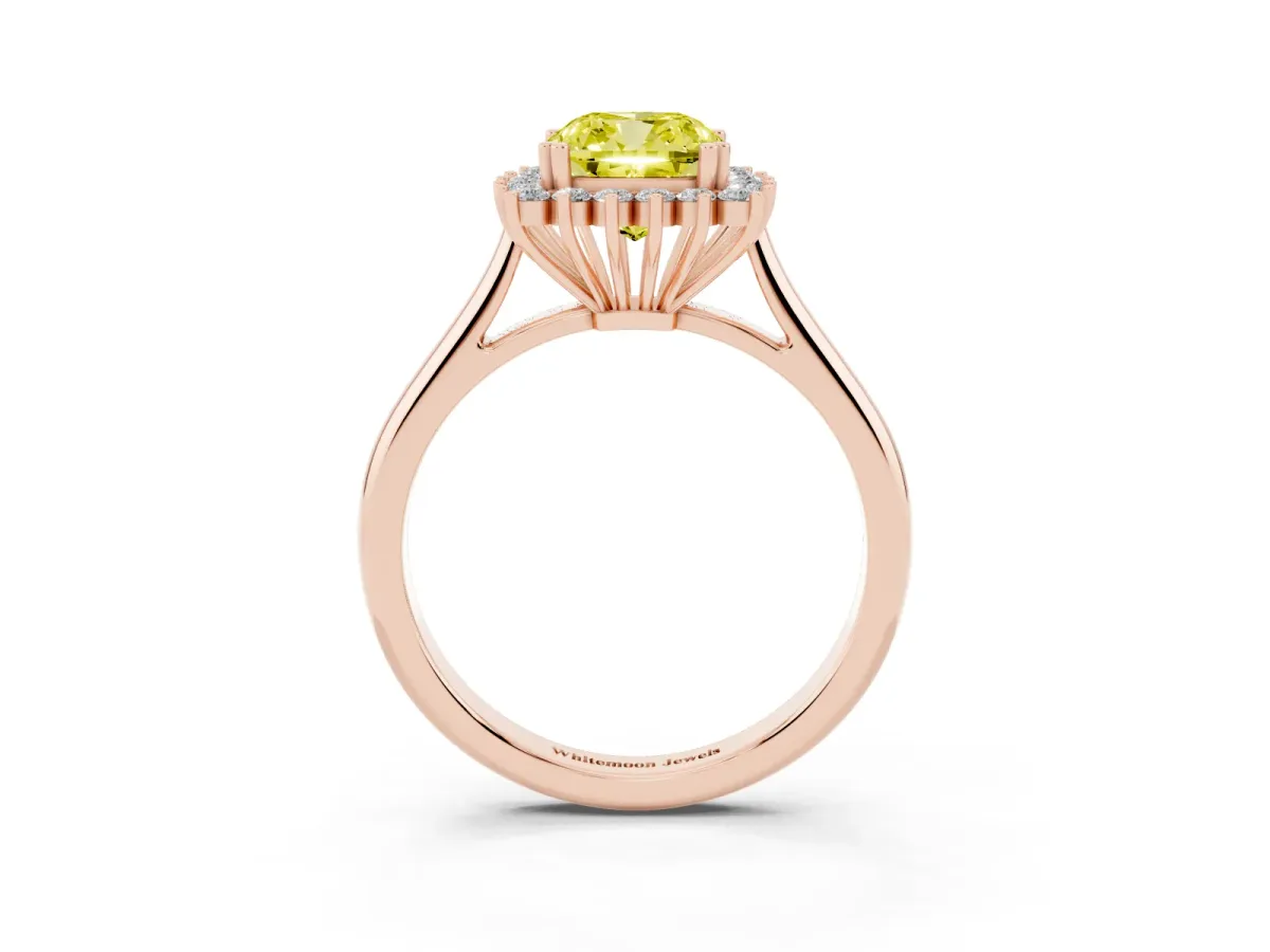 Fancy Yellow Cushion Cut Cut Diamond Halo Ring with Solitaire Band and Prong Setting Rose gold