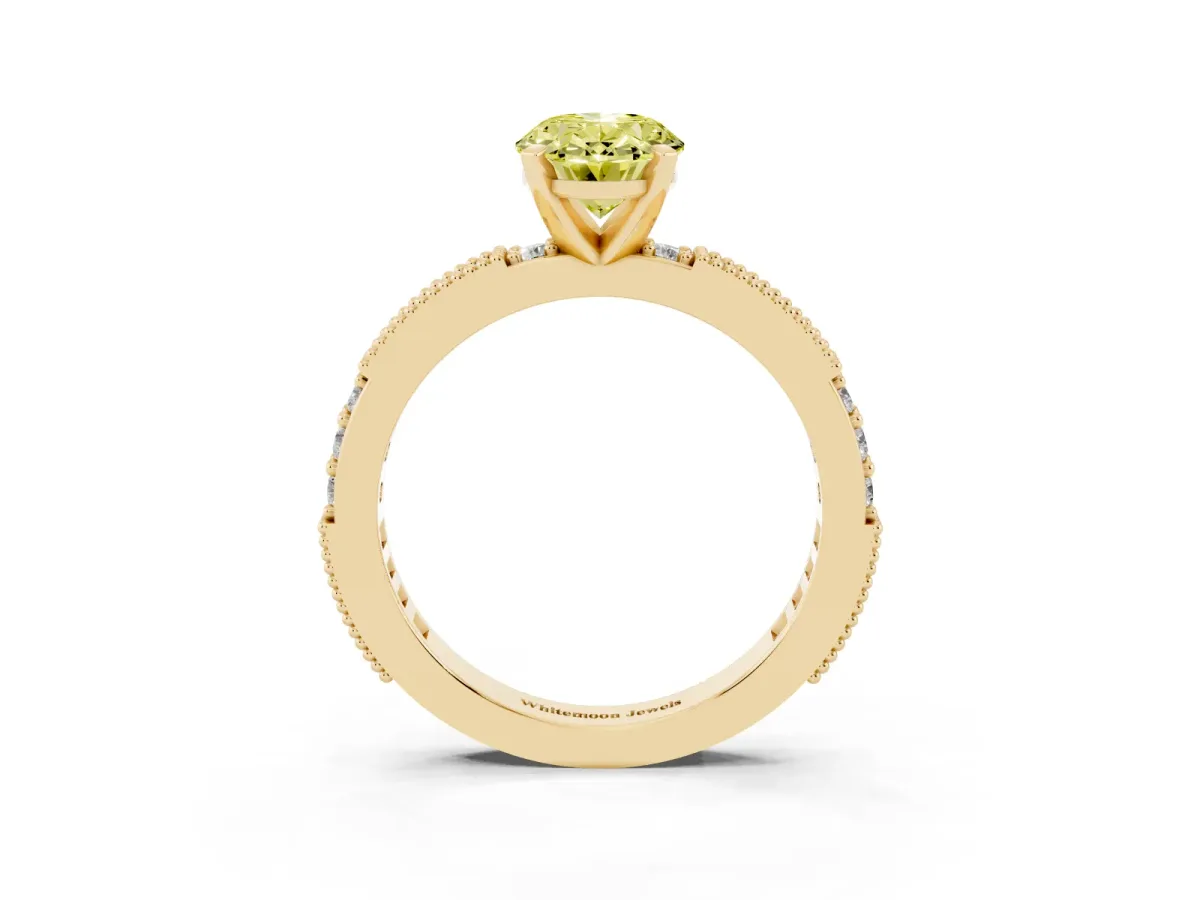 Fancy Yellow Oval Cut Solitaire with Pavé Band and Four-Prong Setting Yellow gold