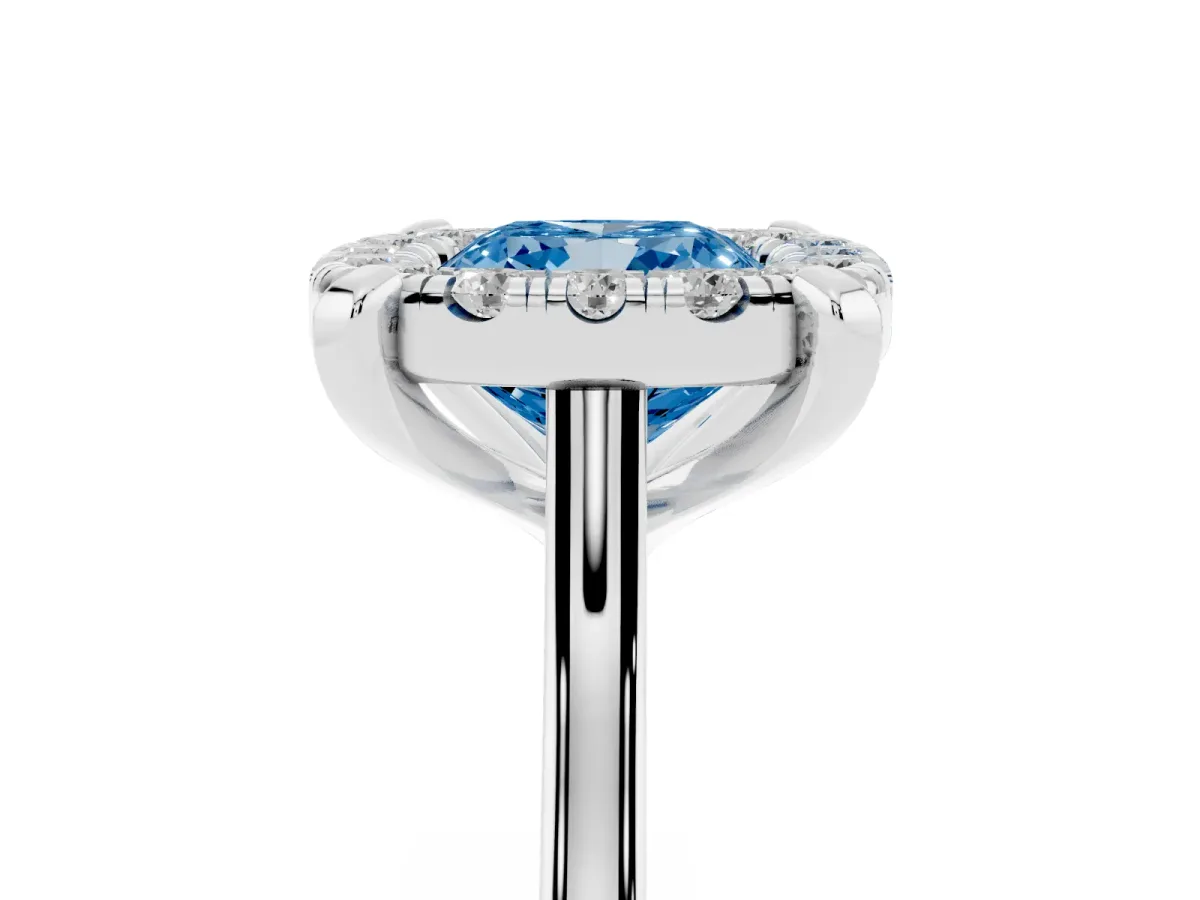 Fancy Blue Cushion Cut Diamond Cluster Halo Solitaire with Four-Prong Setting Silver