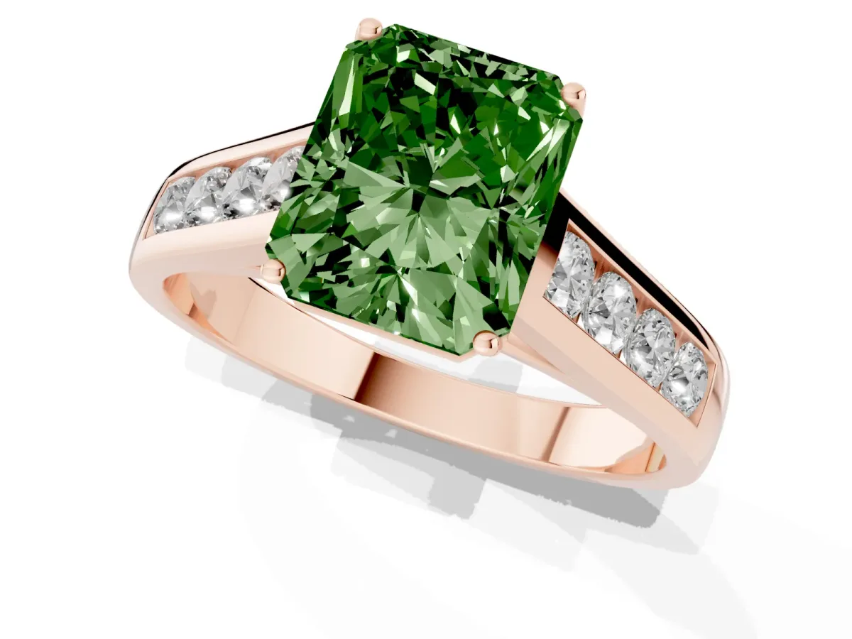 Fancy Green Radiant Cut Brilliant Channel-Set Solitaire Ring with Four-Prong Setting Rose gold