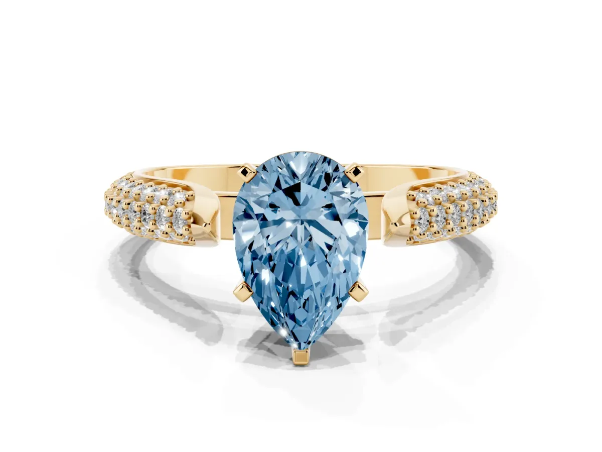 Fancy Blue Pear Cut Diamond Solitaire Engagement Ring with Multi-Row Round Pavé Band and Prong Setting Yellow gold
