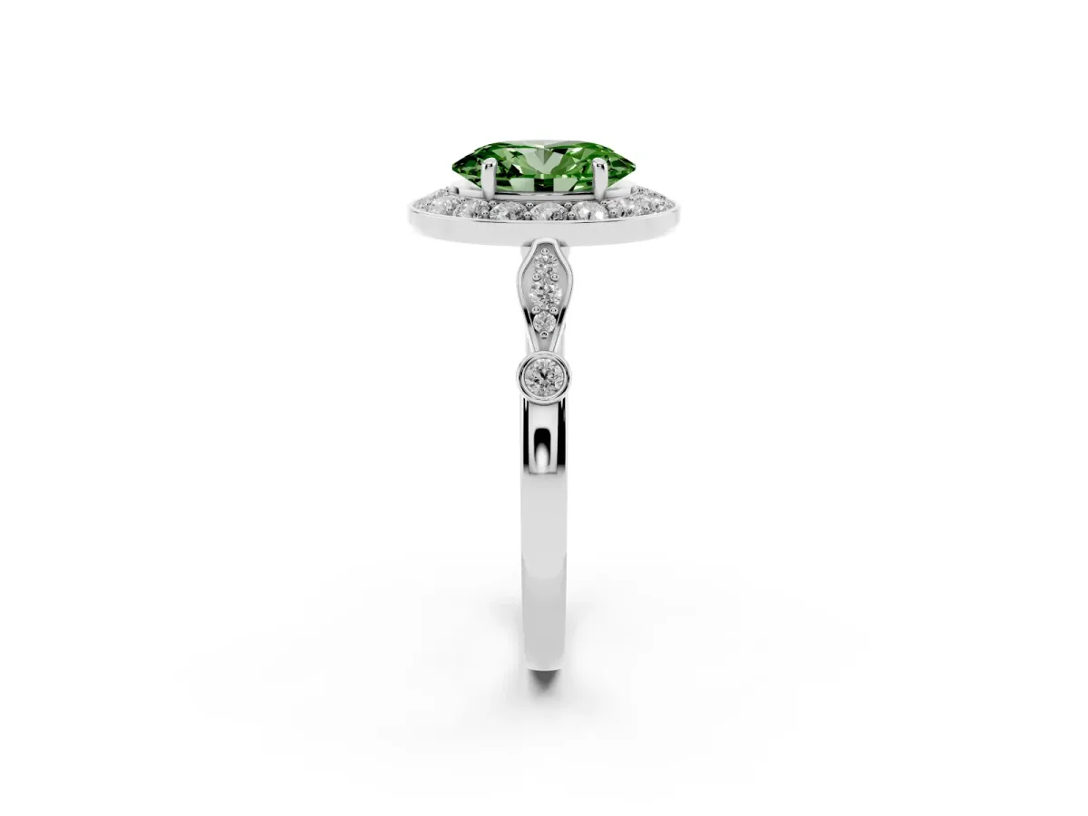 Fancy Green Oval Cut Halo Diamond Engagement Ring with Twisted Band and Four-Prong Setting White gold