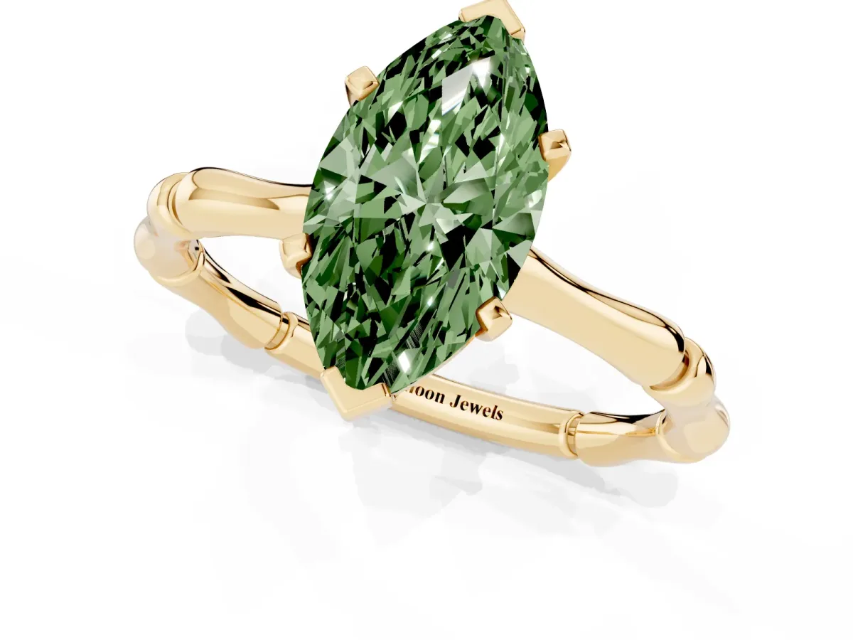 Fancy Green Marquise Cut Solitaire Diamond Ring with Bamboo Band and Four-Prong Setting Yellow gold