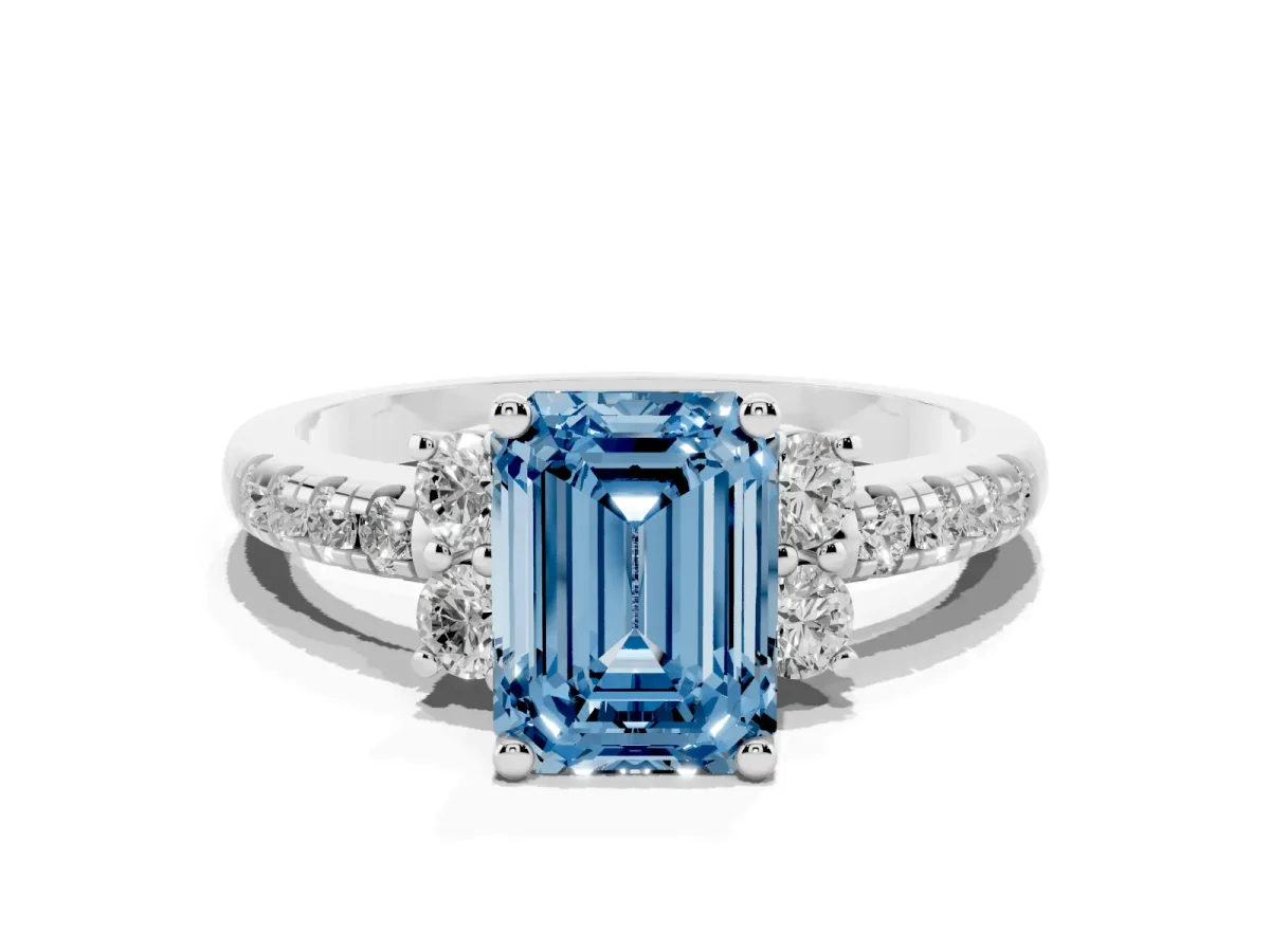 Fancy Blue Emerald Cut Diamond Three-Stone Pave Band with Four-Prong Setting Platinum