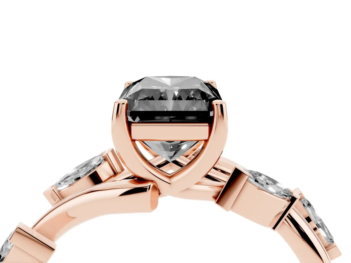 Fancy Black Radiant Cut Solitaire Twisted Band Marquise Accent Prong Setting Ring Rose gold