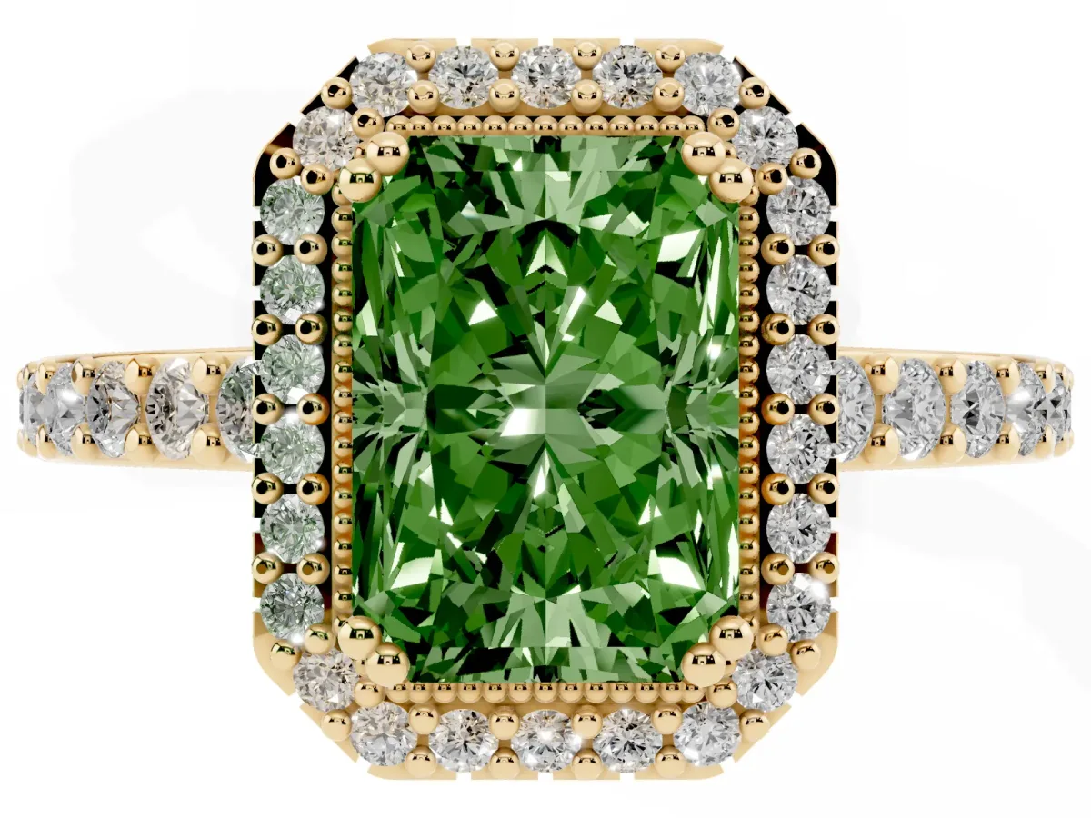 Fancy Green Radiant Cut Cut Diamond Halo Engagement Ring with Milgrain Detail and Pavé Band Yellow gold
