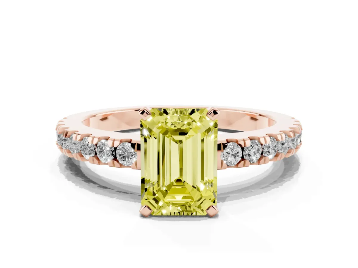 Fancy Yellow Emerald Cut Solitaire Diamond with Pavé Band and Four-Prong Setting Rose gold