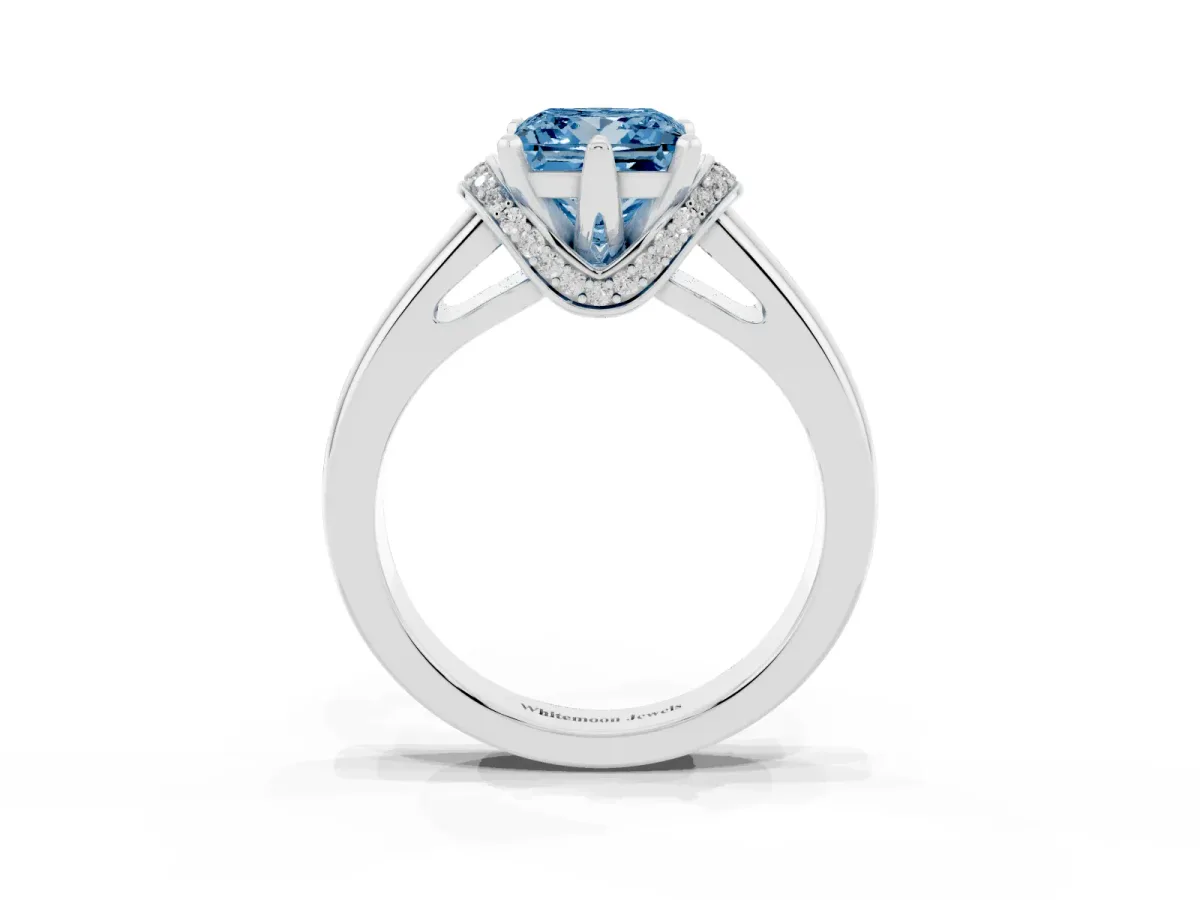 Fancy Blue Princess Cut Solitaire Diamond Ring with Pave Band and Six-Prong Setting Silver