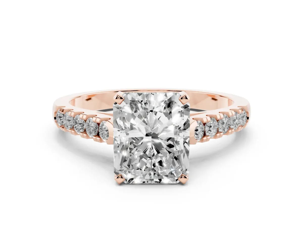 Radiant Cut Diamond Pavé Band Solitaire Ring with Prong Setting Rose gold