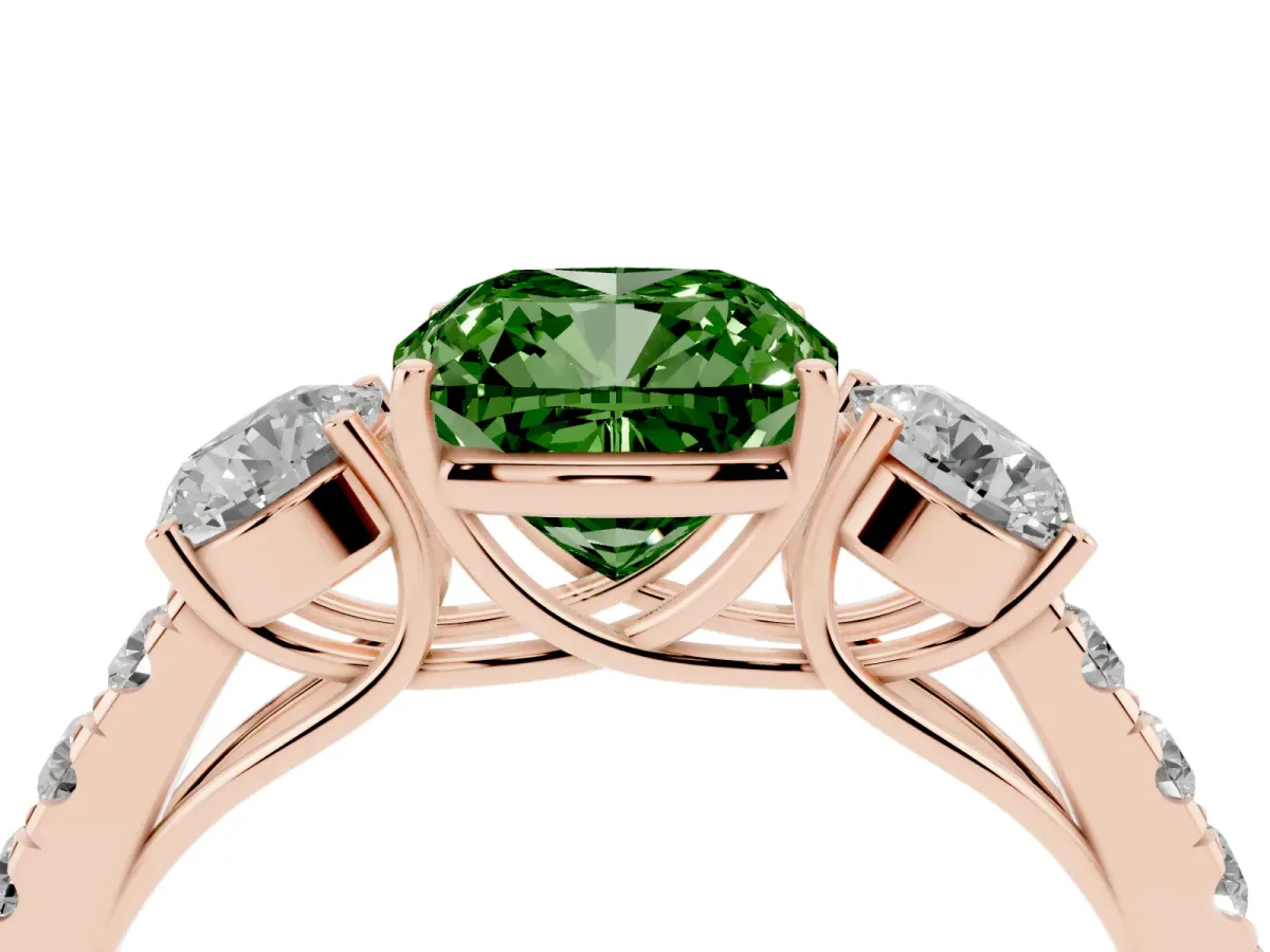 Fancy Green Cushion Cut Cut Diamond Three-Stone Ring with Round Side Stones and Pavé Band Rose gold
