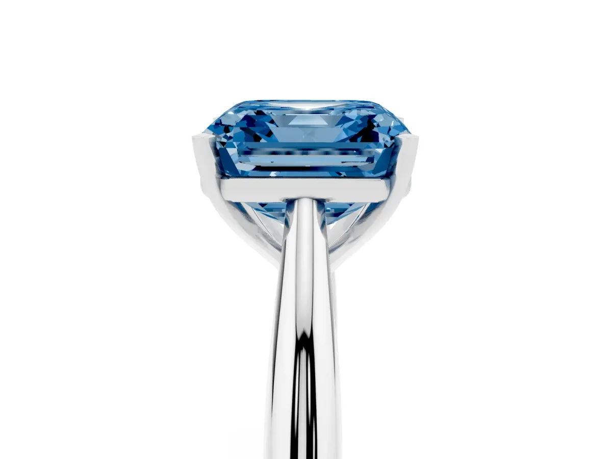 Fancy Blue Asscher Cut Diamond Solitaire Engagement Ring with Cathedral Setting and Four-Prong Mount Silver