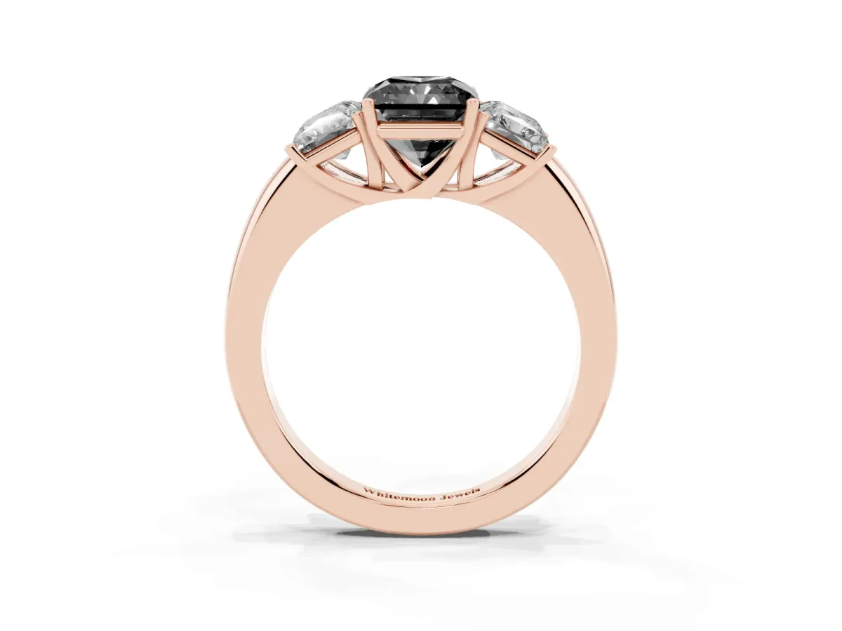 Fancy Black Radiant Cut Diamond Three-Stone Ring with Four-Prong Setting and Classic Band Rose gold