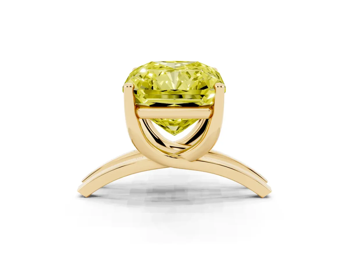 Fancy Yellow Radiant Cut Cut Diamond Solitaire Engagement Ring with Tapered Plain Band and Four-Prong Setting Yellow gold