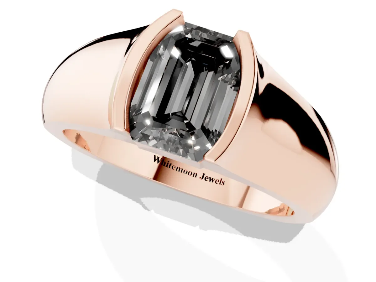 Fancy Black Emerald Cut Solitaire Bezel Set Diamond Ring with Wide Band Rose gold
