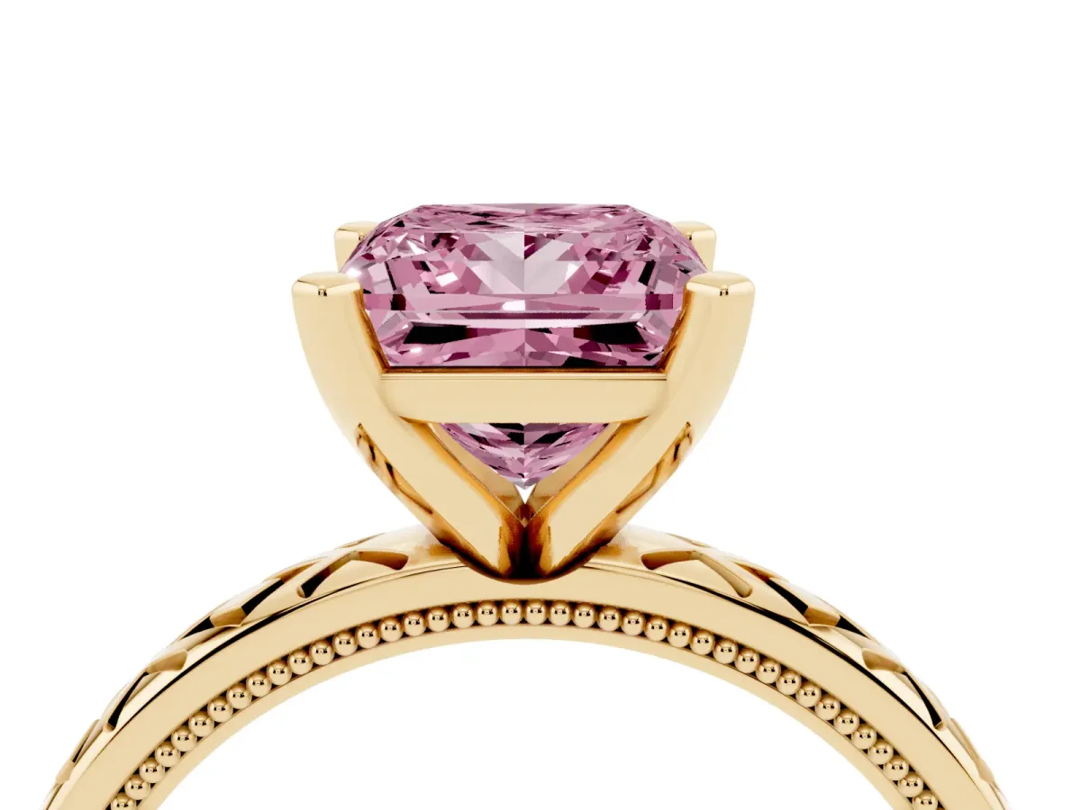 Fancy Pink Princess Cut Solitaire Diamond Ring with Milgrain and Black Enamel X Pattern Band Yellow gold