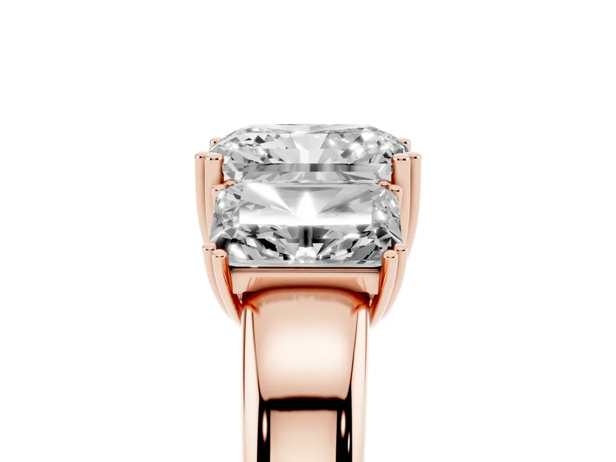 Three-Stone Radiant Cut Cut Diamond Ring with Channel Set Band and Four-Prong Setting Rose gold