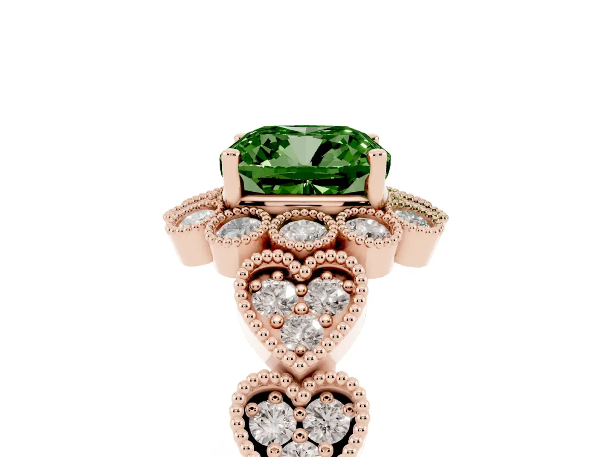 Fancy Green Cushion Cut Brilliant Milgrain Pave Heart Band Solitaire Ring Rose gold
