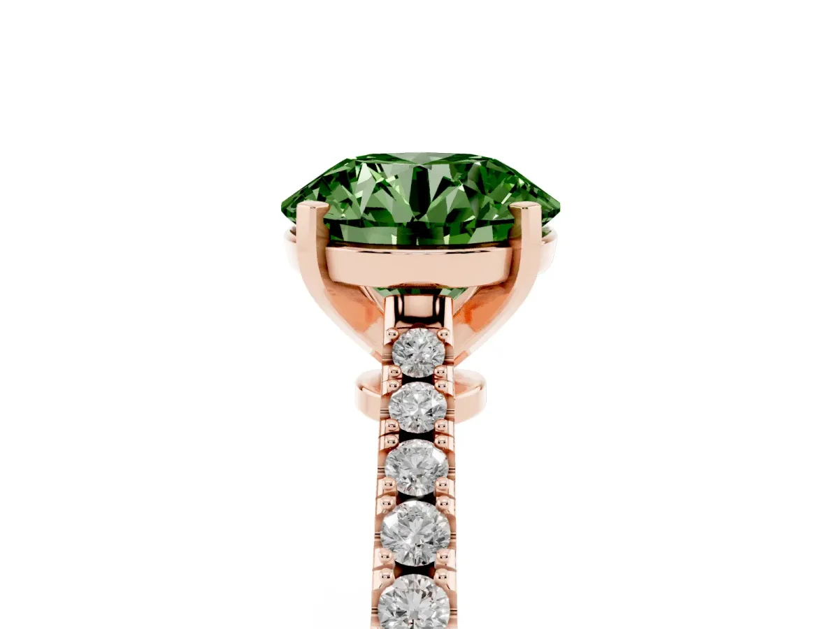 Fancy Green Round Cut Cut Solitaire Diamond Engagement Ring with Pave Band and Four-Prong Setting Rose gold