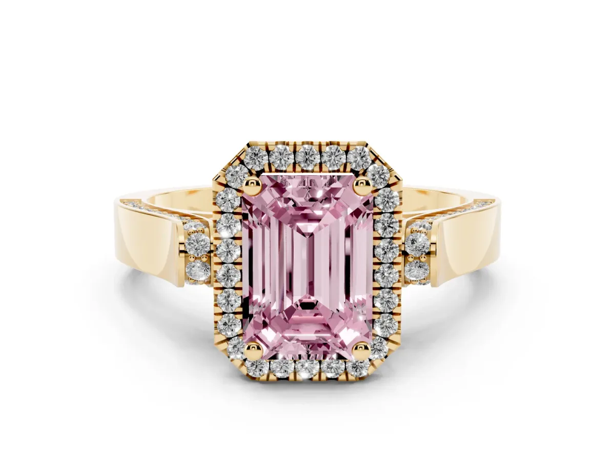 Fancy Pink Emerald Cut Halo Pave Split Shank Prong Setting Ring Yellow gold