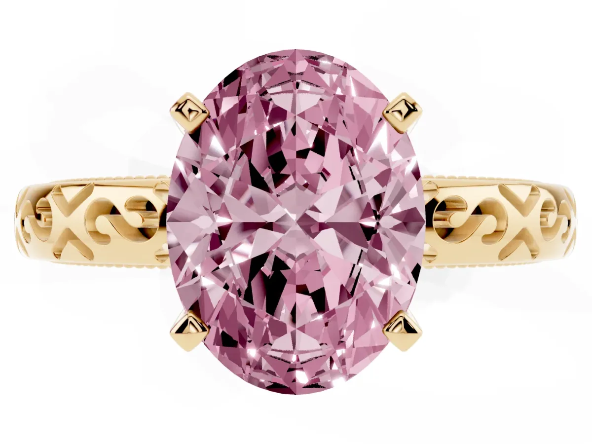Fancy Pink Oval Cut Solitaire Engagement Ring with Scrollwork Band and Four-Prong Setting Yellow gold