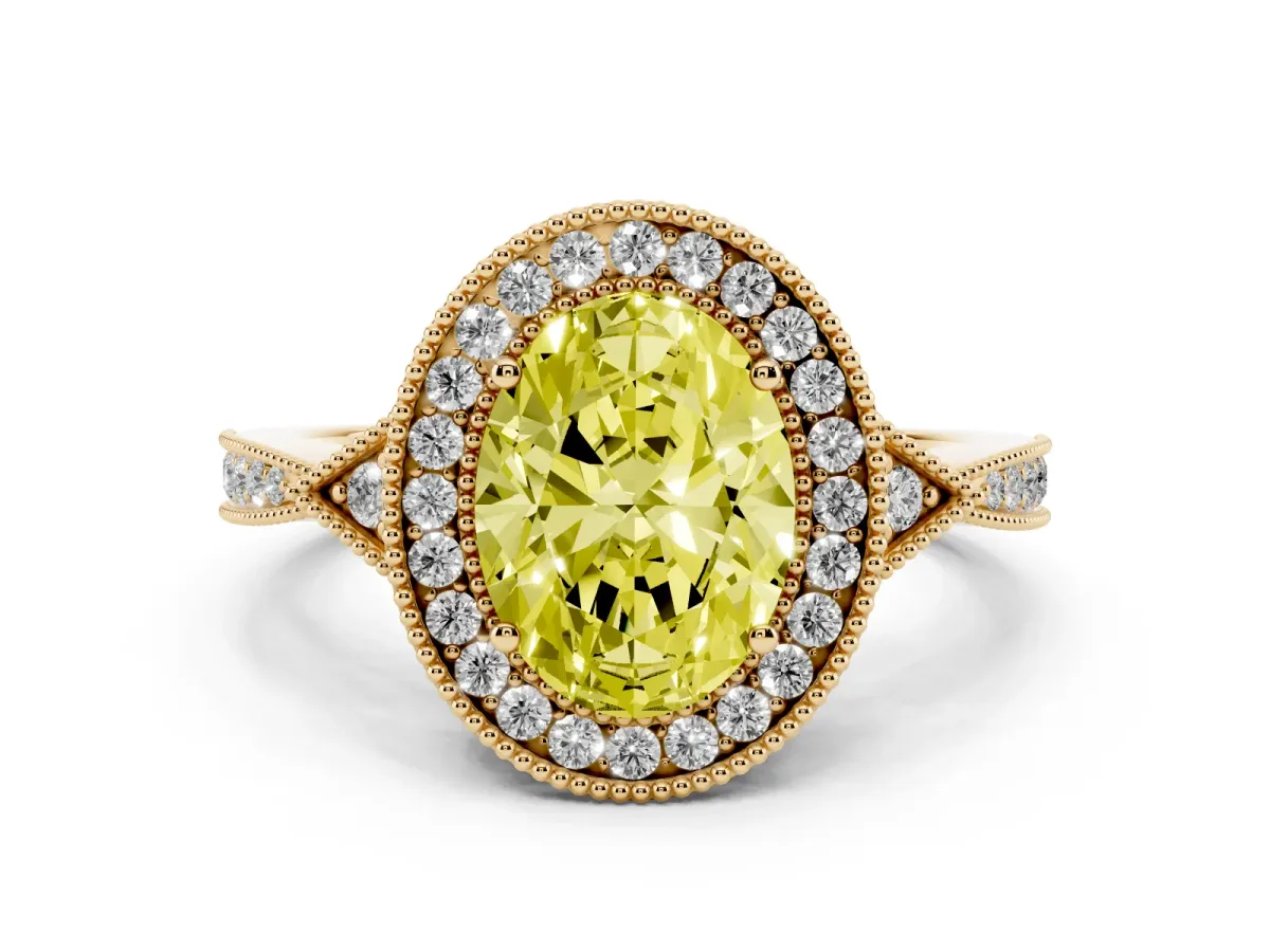 Fancy Yellow Oval Cut Halo Round Diamond Milgrain Pave Engagement Ring Yellow gold