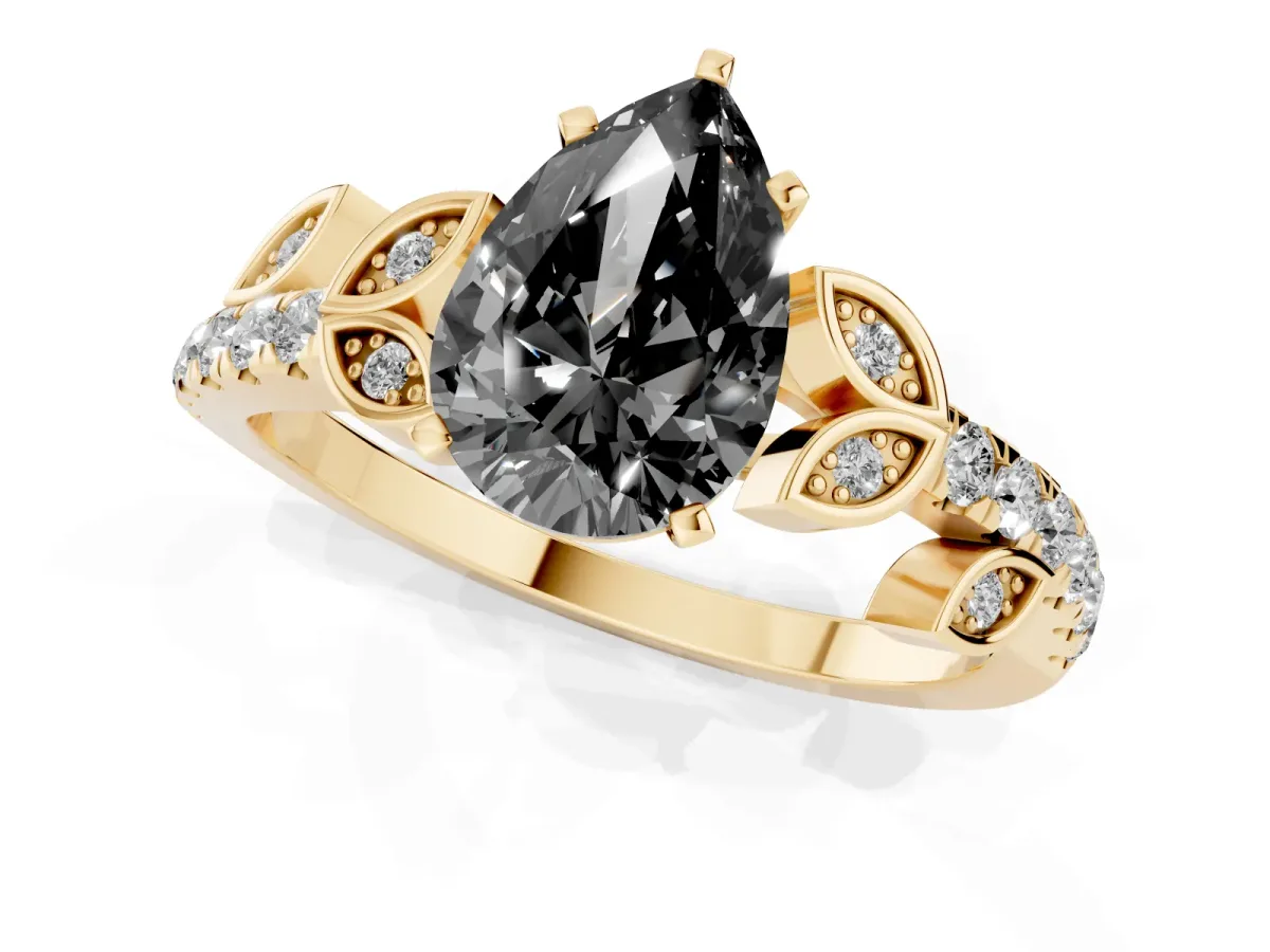 Fancy Black Pear Cut Solitaire Leaf-Inspired Diamond Ring with Pavé Band and Four-Prong Setting Yellow gold