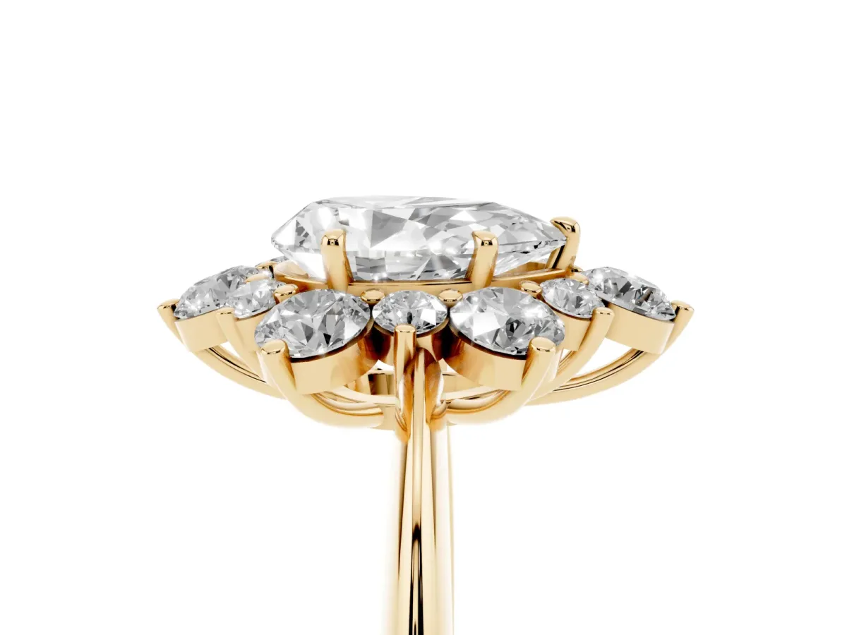 Pear Cut Diamond Cluster Halo Ring with Solitaire Band and Four-Prong Setting Yellow gold