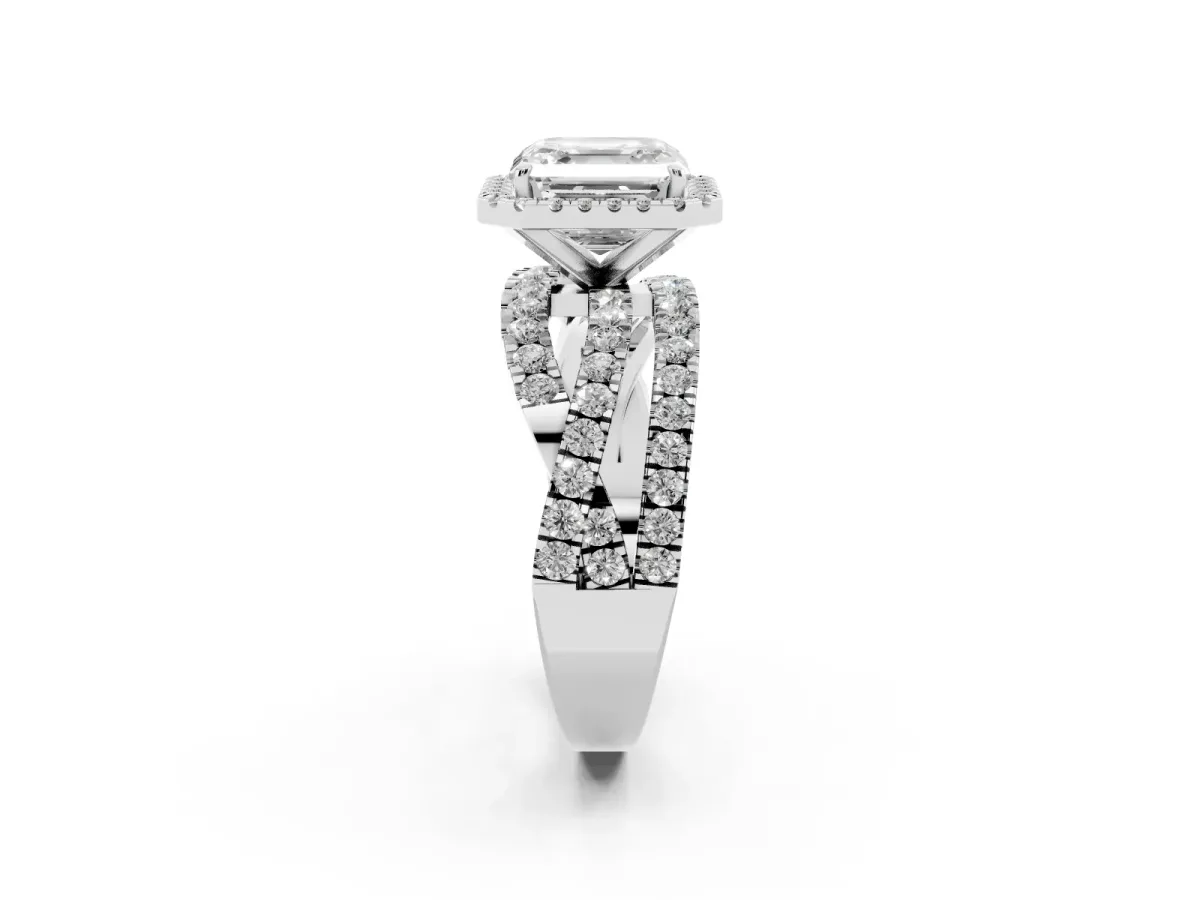 Asscher Cut Diamond Halo Ring with Round Split Shank and Prong Setting White gold