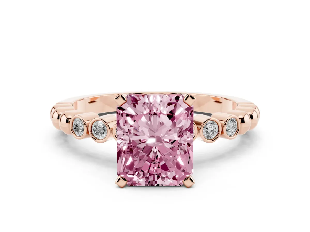 Fancy Pink Radiant Cut Solitaire Bezel Accent Diamond Engagement Ring with Beaded Band and Four-Prong Setting Rose gold