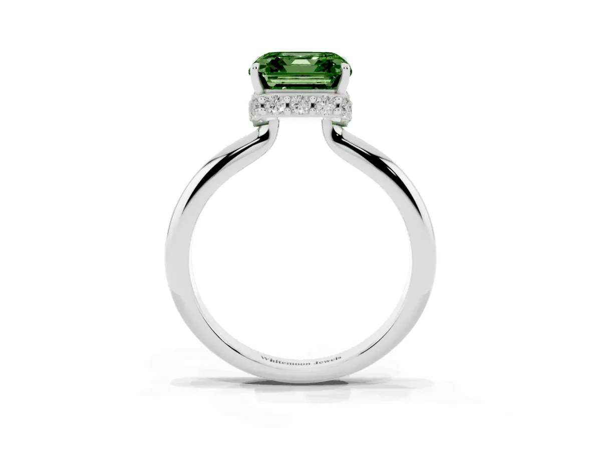 Fancy Green Asscher Cut Brilliant Solitaire Engagement Ring with Six-Prong Setting and Classic Band White gold