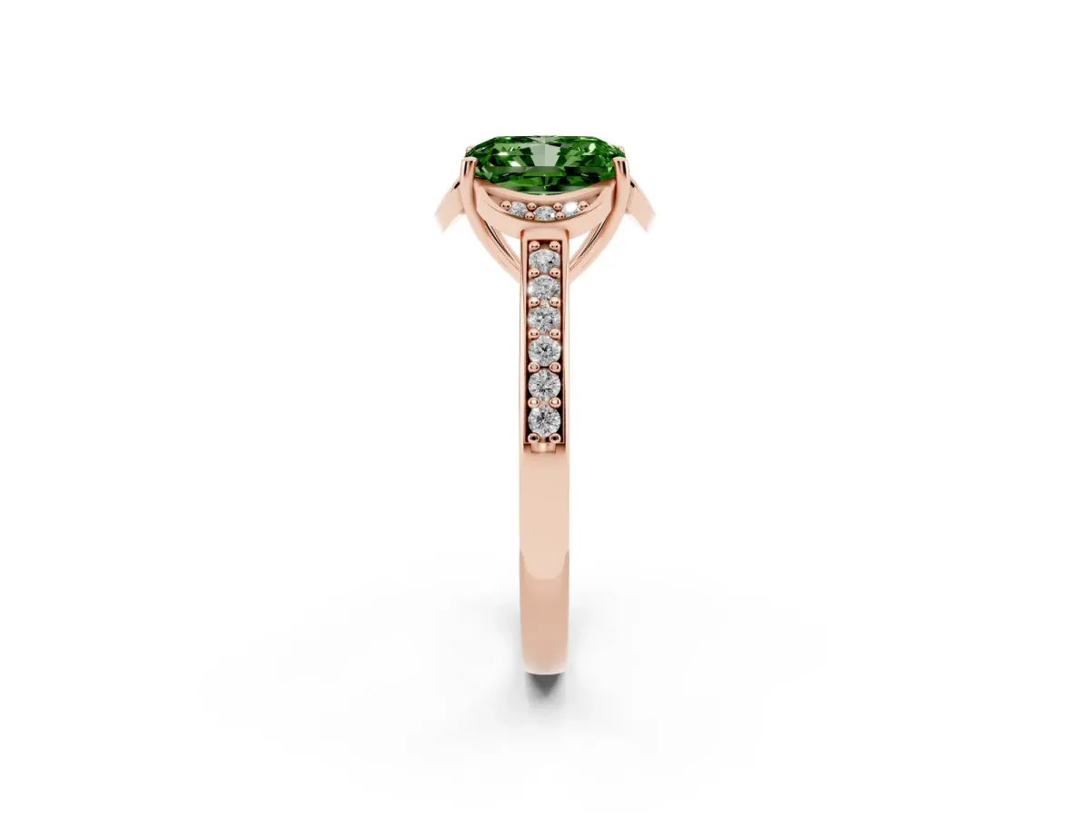 Fancy Green Radiant Cut Cut Halo Diamond Ring with Channel Set Band and Four-Prong Setting Rose gold